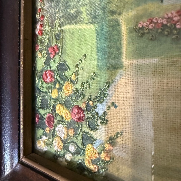 Set of Three Vintage Framed Cottage Prints on Fabric with Embroidered Flowers - Picture 6 of 12